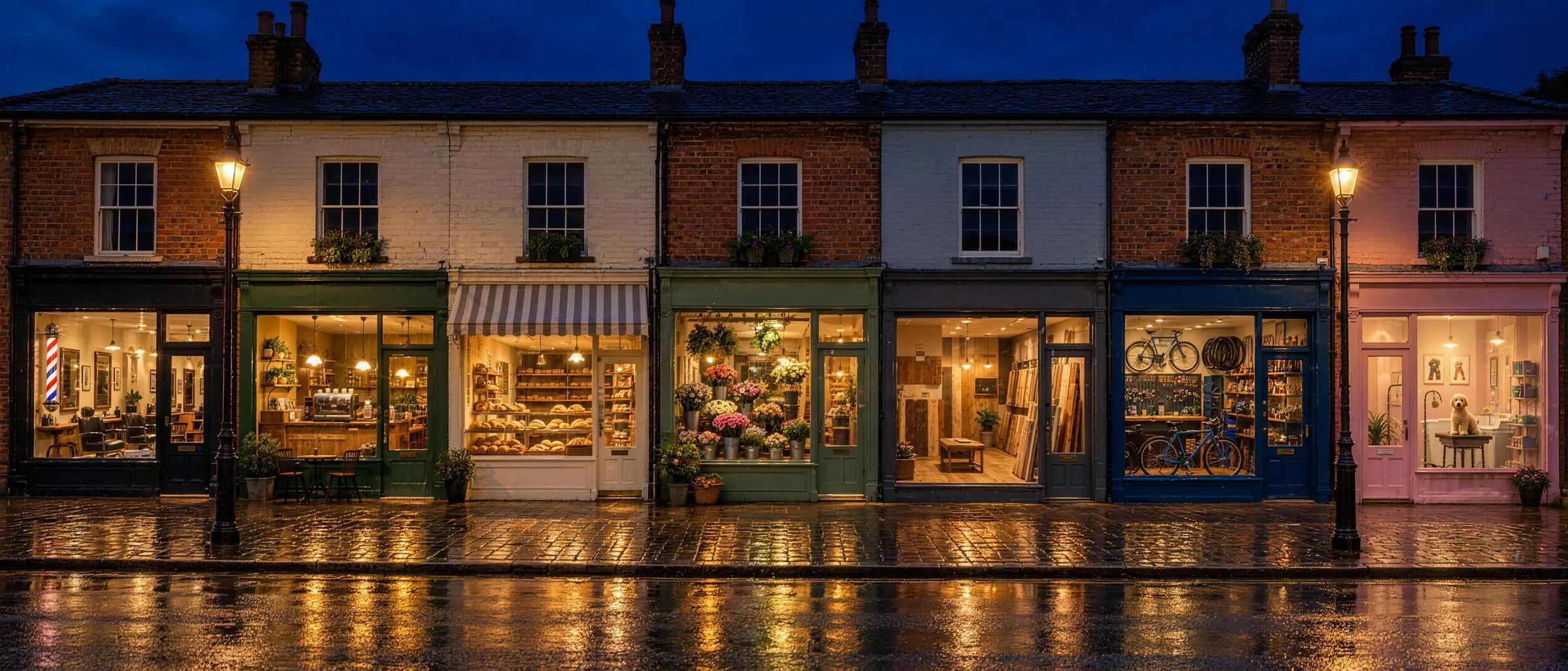 A high street at night: a barber, a café, a bakery, a florist, a flooring showroom, a bike shop and a dog groomer, all with their windows lit